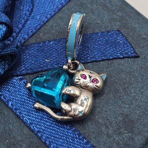 SILVER 925 CZ BLUE HEART WITH CAT DANGLE CHARM